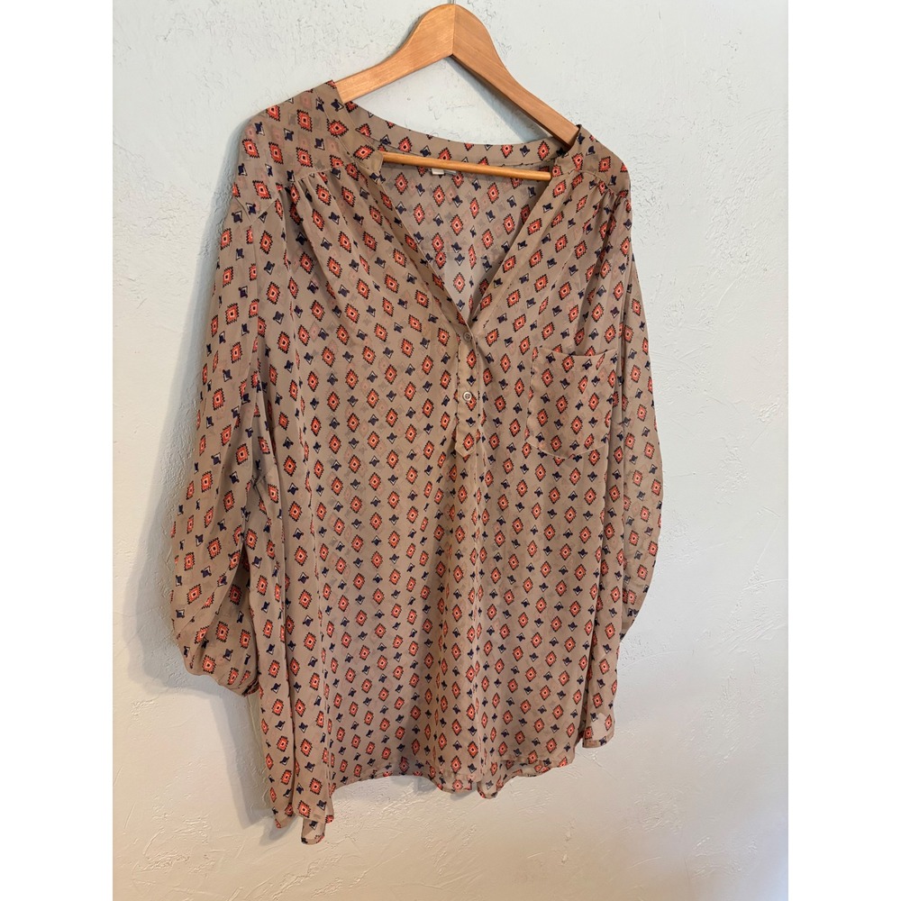 Pleione Womens 3X Tan Geometric Diamond Print Roll Tab Sleeve Blouse Top - Picture 1 of 7